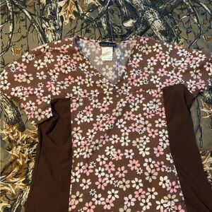 Cherokee Pink and White Floral Scrub Top